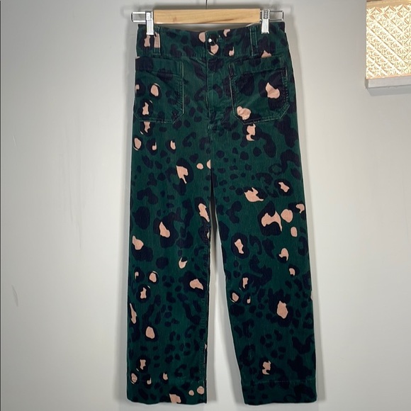 Anthropologie Maeve Wide Leg Green Corduroy Pants with Leopard Pattern - Picture 1 of 8